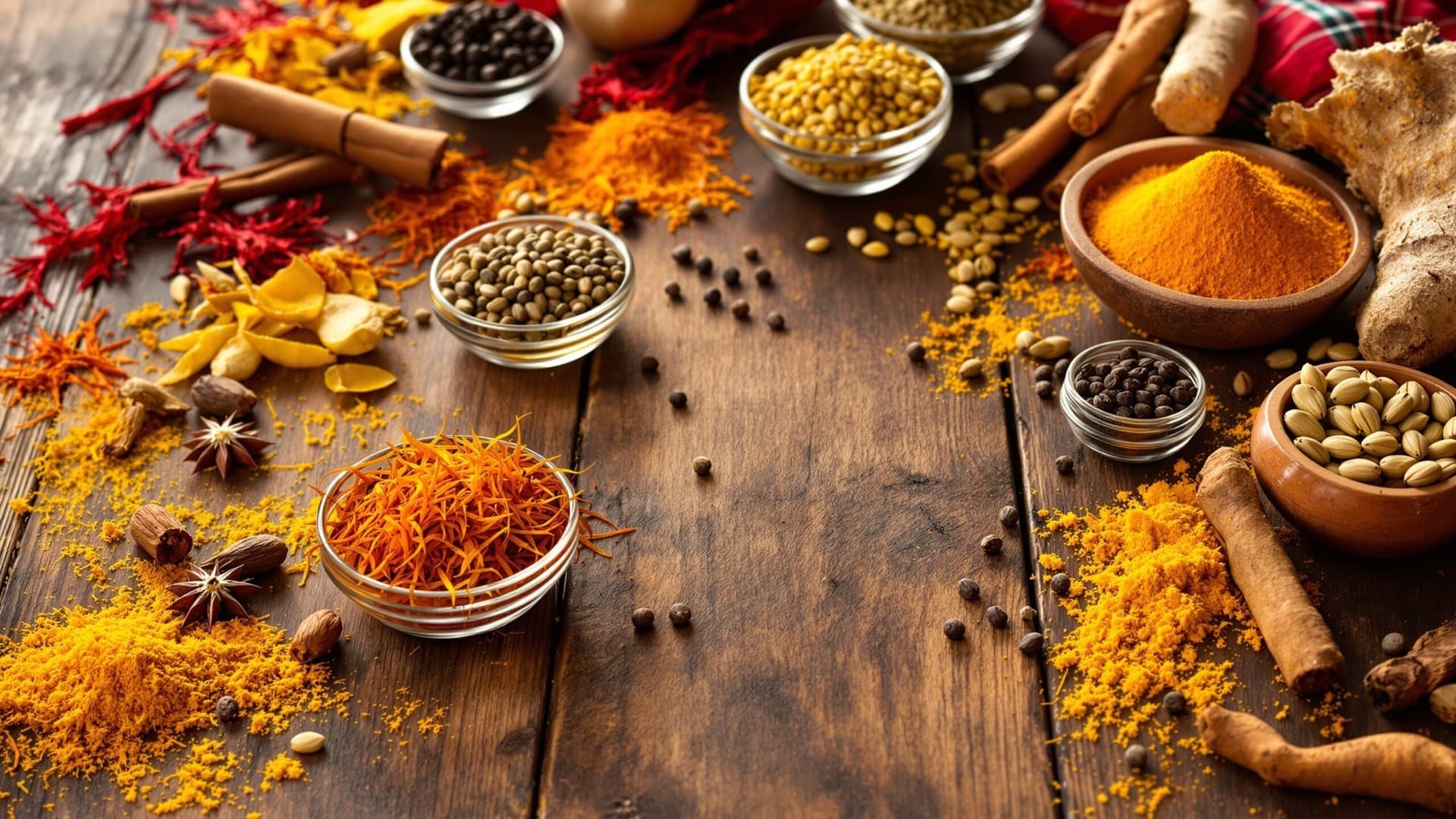 Bowls of colorful spices on a wooden table