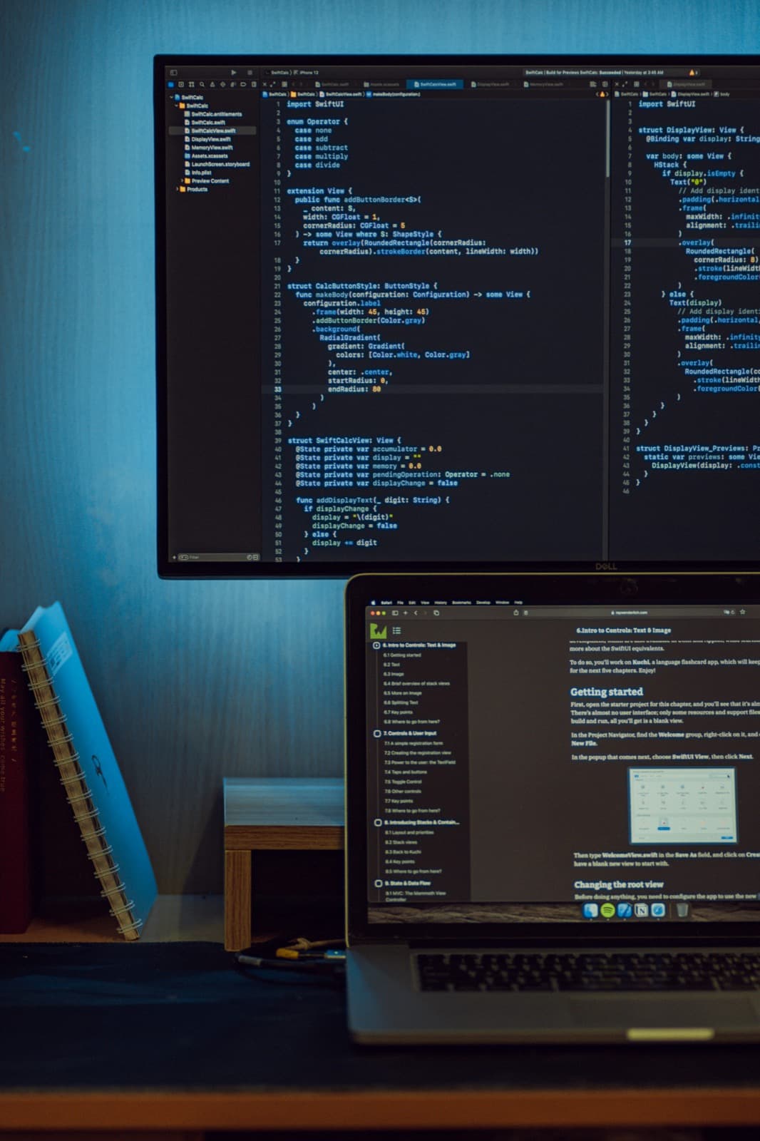 A developer workspace with code on screen